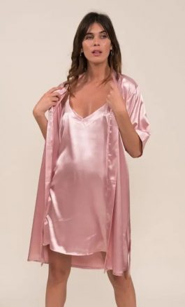 Ensemble Nuisette et Peignoir Satin (Rose)