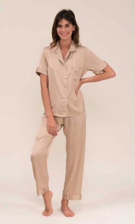Ensemble De Pyjama En Satin Manches Courte (Beige)