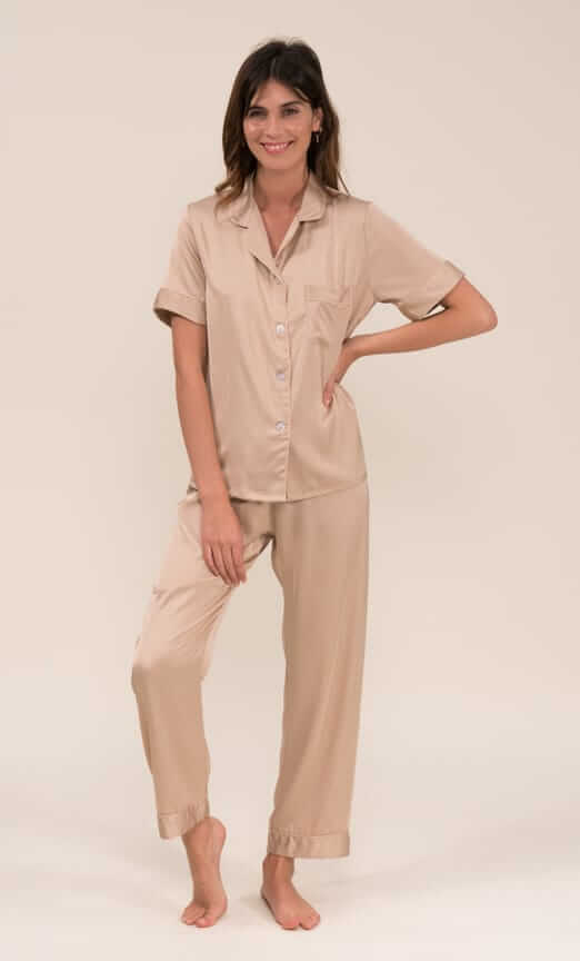 Ensemble De Pyjama En Satin Manches Courte (Beige) SRR SHOPS