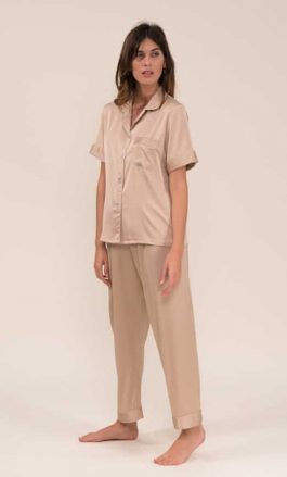 Ensemble De Pyjama En Satin Manches Courte (Beige)